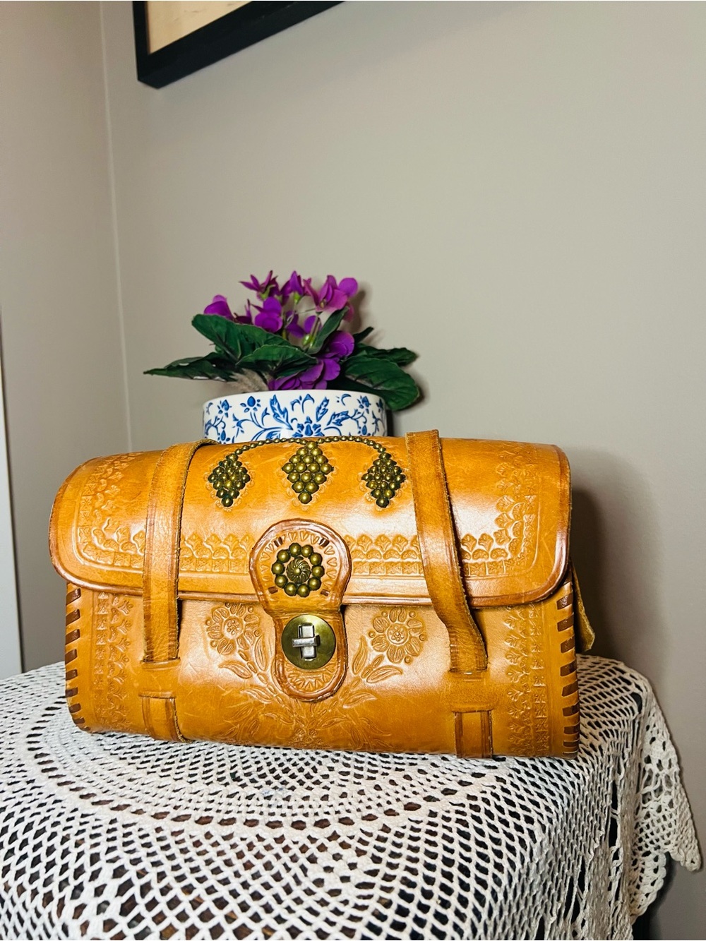 Vintage Tooled Leather Handbag Embossed Floral Brass Studded Shoulder Bag
